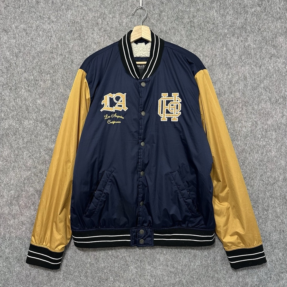 Hollister Varsity Jacket Los Angeles California Navy Gold Mens Size XXL Sherpa